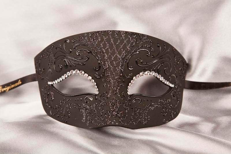 Black Venetian paper mache mask with crystals - Tomboy Strass