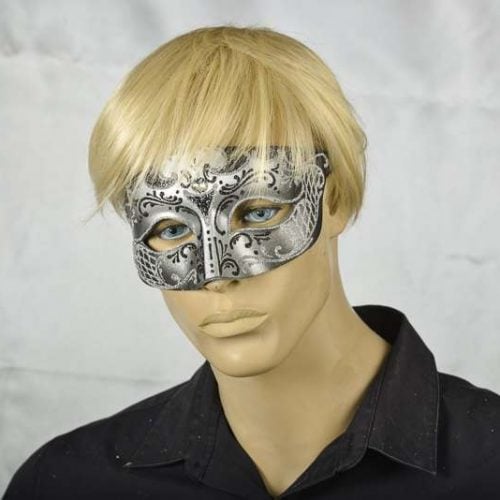 Masculine Venetian paper mache Mask - Tomboy Silver on male face