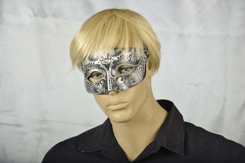 Masculine Venetian paper mache Mask - Tomboy Silver on male face