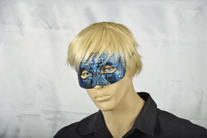 Black and blue masculine Venetian mask - Tomboy Blue on models face