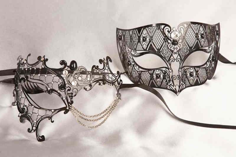 pair of black filigree metal Venetian masks with crystals and chain - Tomboy Phantom