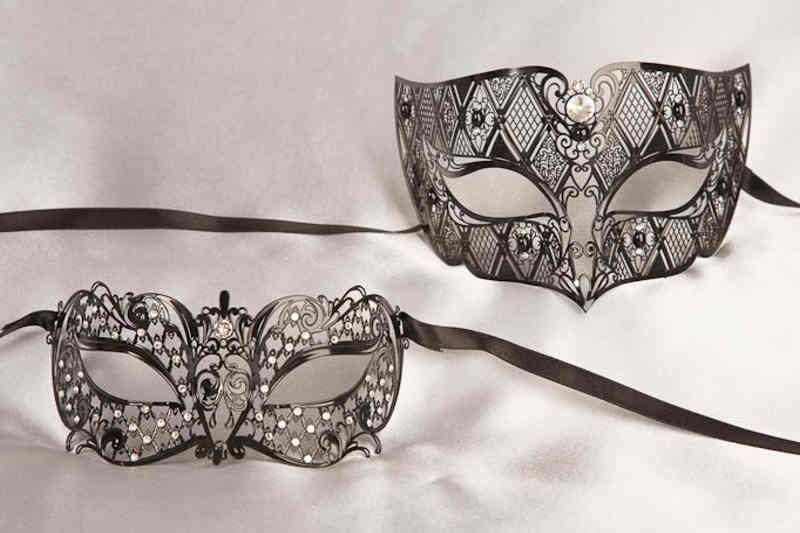 pair of black filigree metal Venetian masks with crystals - Tomboy Brilla
