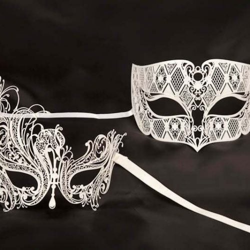 Pair of white filigree fretwork metal Venetian masks - Tomboy Leda