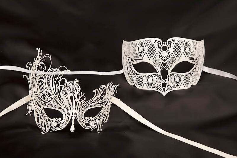 Pair of white filigree fretwork metal Venetian masks - Tomboy Leda