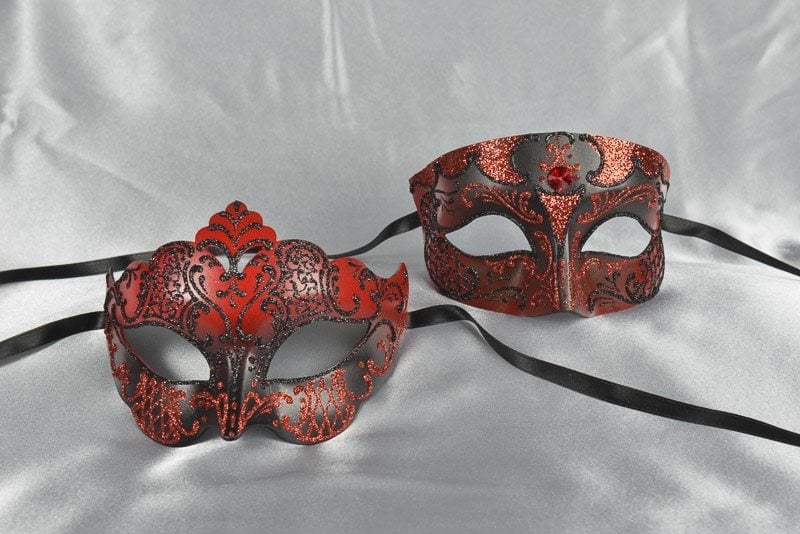 Red and black matching paper mache Venetian masks - Tomboy Giglio