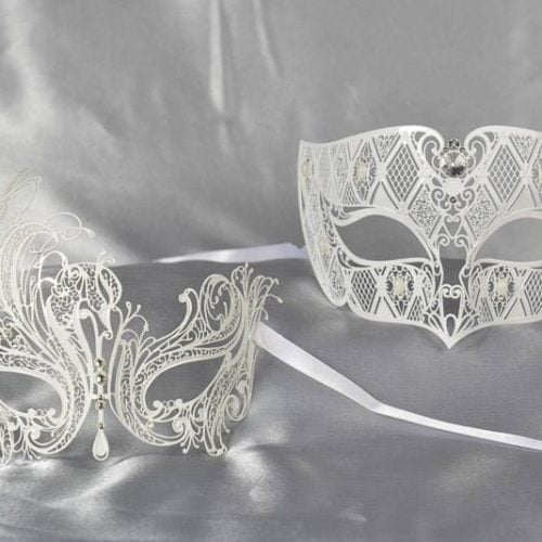 white pair of filigree Venetian masks with crystals - Tomboy Leda