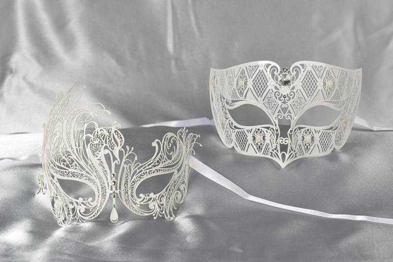 white pair of filigree Venetian masks with crystals - Tomboy Leda