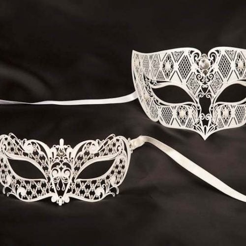 pair of white filigree metal  Venetian masks with crystals - Tomboy Brilla