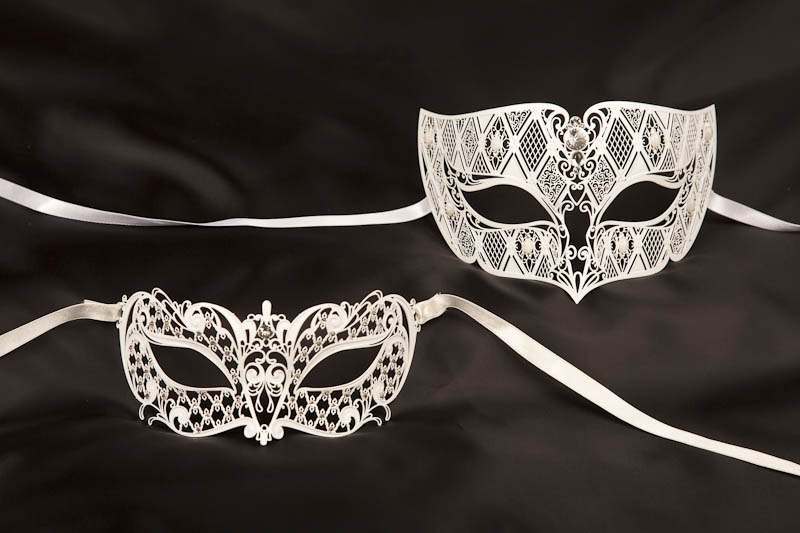 pair of white filigree metal  Venetian masks with crystals - Tomboy Brilla