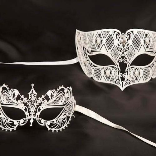 Pair of filigree metal Venetian masks with crystals - Tomboy Bernice in White