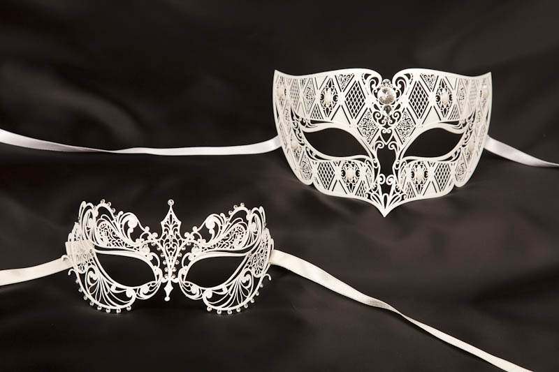Pair of filigree metal Venetian masks with crystals - Tomboy Bernice in White