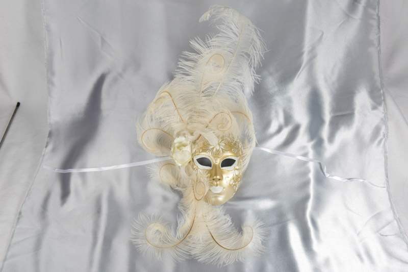 White and Gold full face wall mask with feather surround