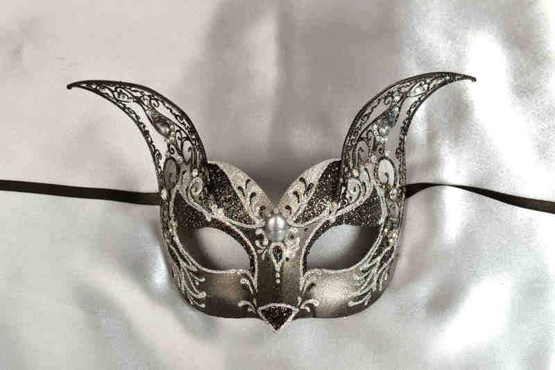 black and silver cat Venetian mask with metal ears