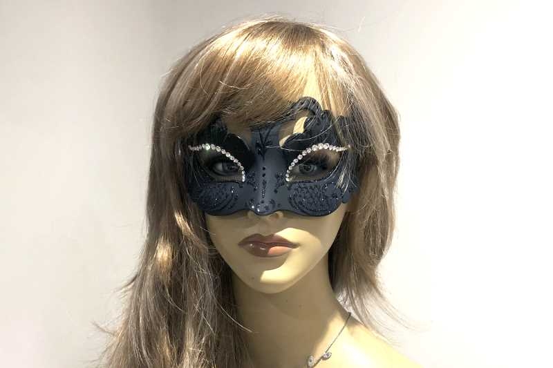 gloss black Venetian masked ball mask - Rondine on female face