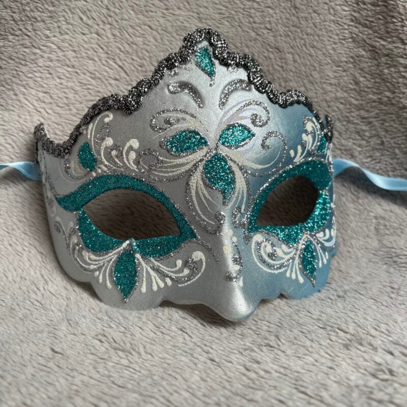 Turquoise Giglio Fiore Silver with Silver Edging Detail - Half Face Carnival Masks