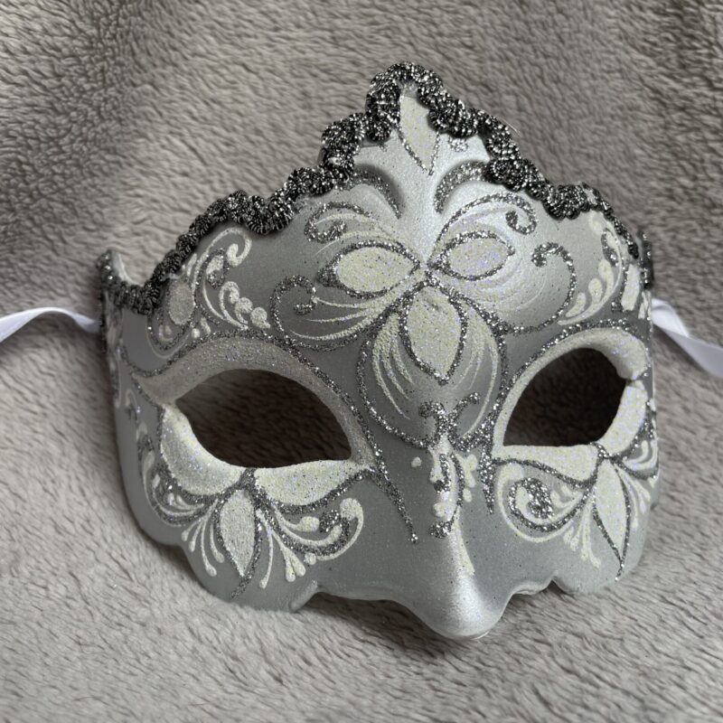 White Giglio Fiore Silver with Silver Edging Detail - Half Face Carnival Masks
