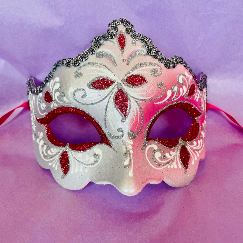 Red Giglio Fiore Silver with Silver Edging Detail - Half Face Carnival Masks