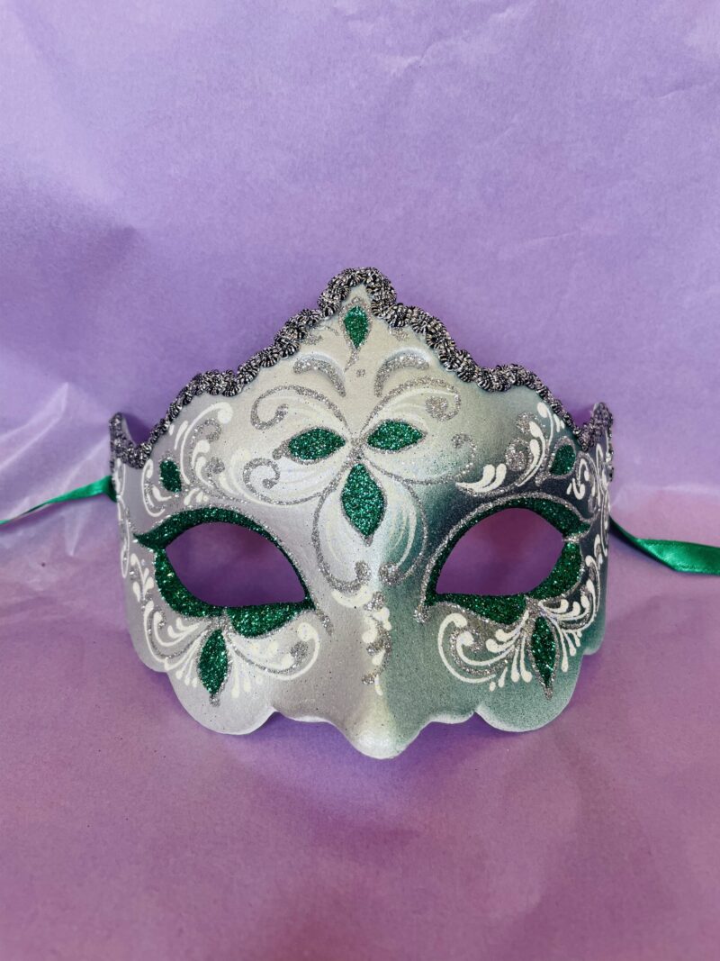 Green Giglio Fiore Silver with Silver Edging Detail - Half Face Carnival Masks