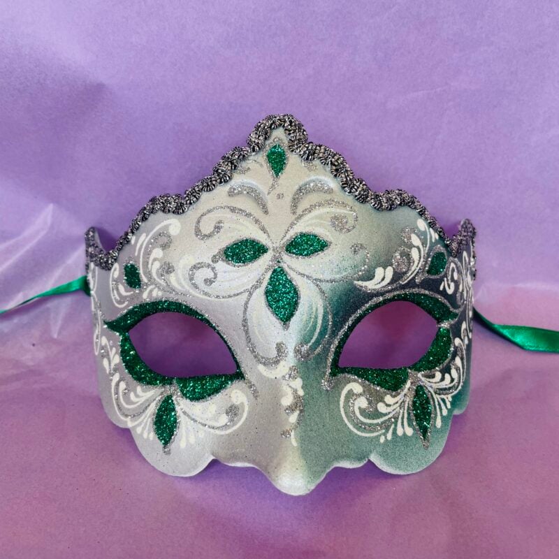 Green Giglio Fiore Silver with Silver Edging Detail - Half Face Carnival Masks