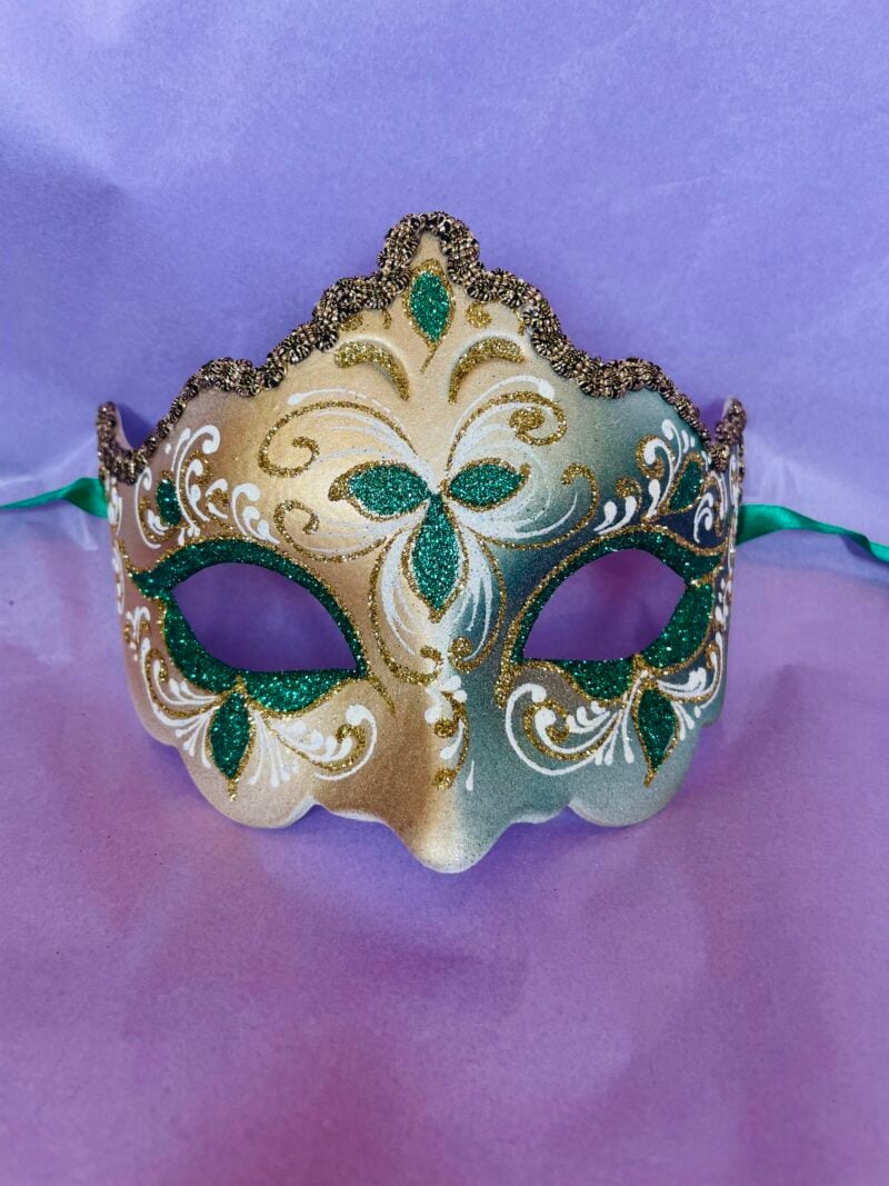 Green Giglio Fiore Gold with Gold Edging Detail - Half Face Carnival Masks