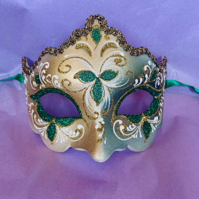 Green Giglio Fiore Gold with Gold Edging Detail - Half Face Carnival Masks